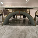 Rounded Rectangular Marble Dining Table with Woven Leather Arched Base and Metal Trim